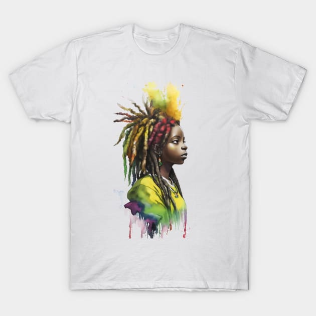 Reggae Girl with Rasta Dreadlocks Watercolor design T-Shirt by EddieBalevo